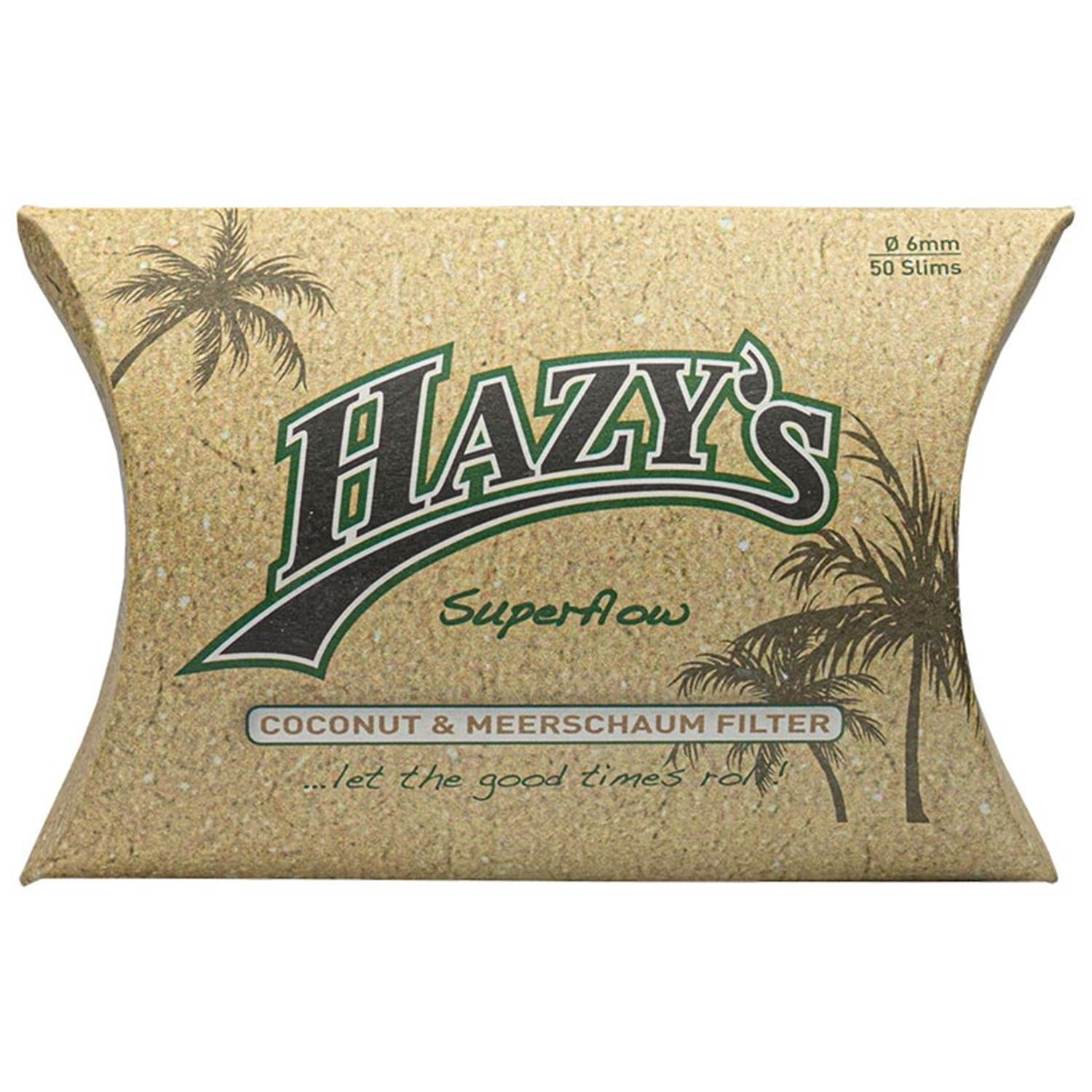 Hazy's Superflow Coconut & Meerschaum Filter 50er Pack Slim – kissenförmige Verpackung in Korkoptik mit Palmen-Illustration, grünem Hazy's-Schriftzug und Aufschrift "...let the good times roll!", Ø 6mm, 50 Slims